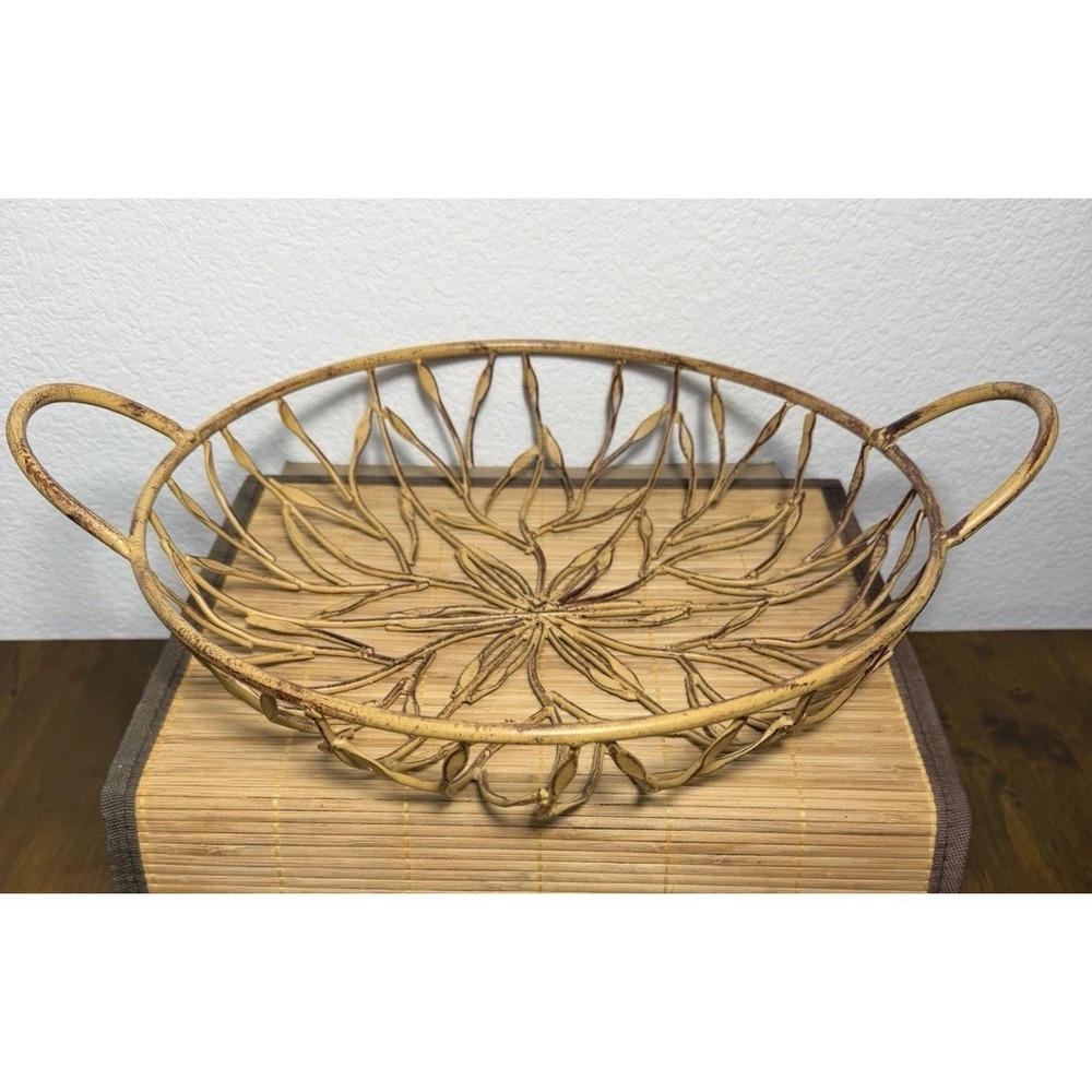 Vintage Rustic Shabby Chic Wrought Iron Gilded Flora Basket Golden Metal